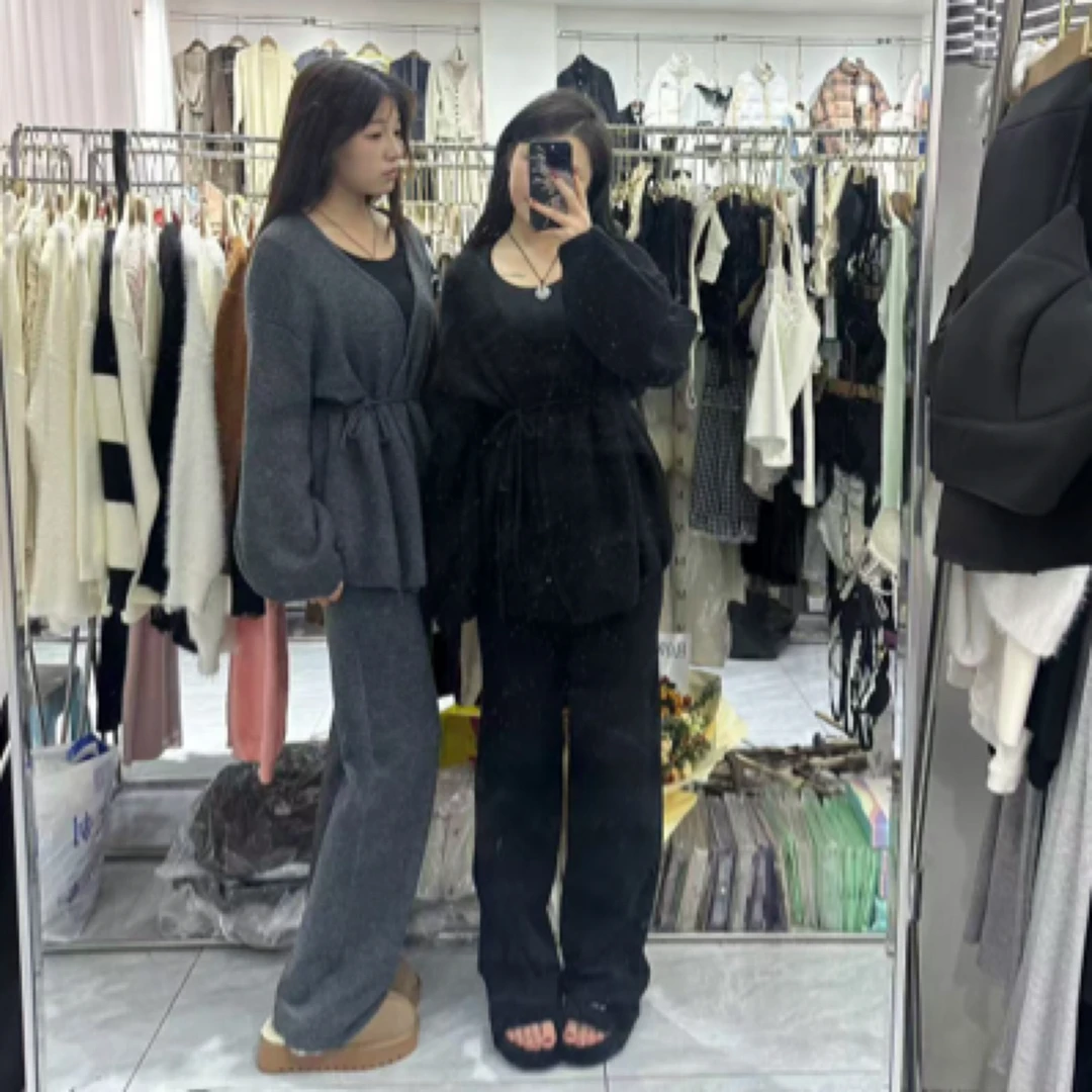 时尚复古慵懒风针织套装女开衫外套阔腿裤秋冬新款
