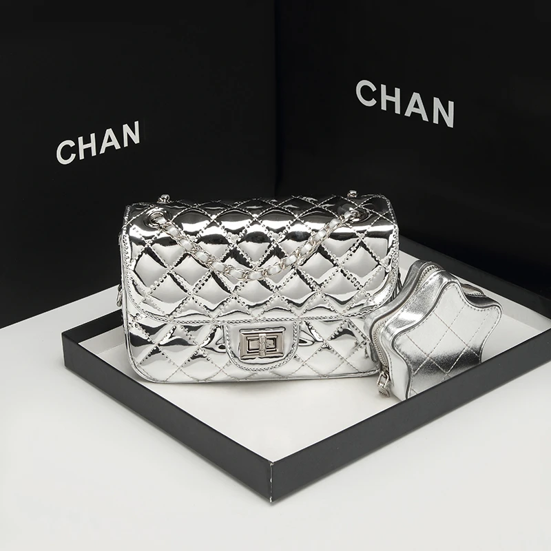 银色菱格2024新款爆款女包斜挎包女单肩女士包包气质百搭包轻奢包