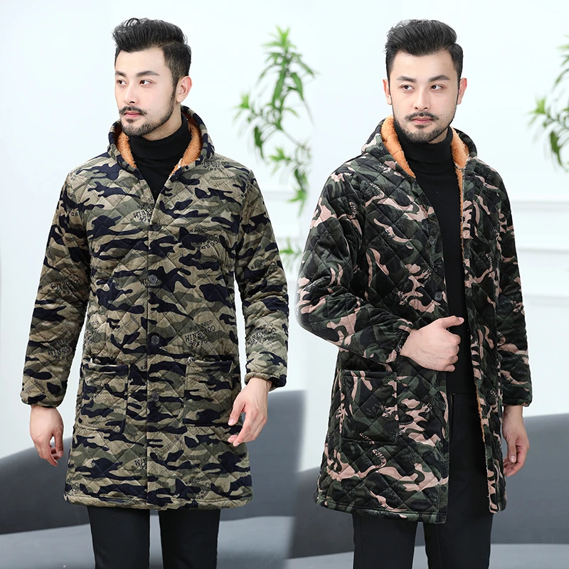 省服罩衣加绒加大长版中老年爸爸装加厚秋冬季外套棉袄中长款男