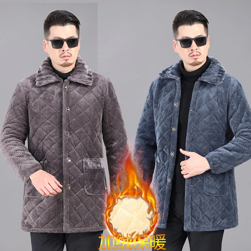 男士加绒加厚罩衣冬季棉服宽松中长版保暖夹棉耐脏工作服棉衣外套