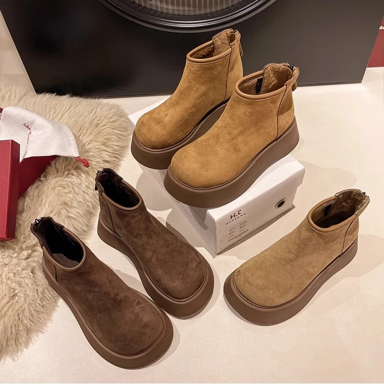 厚底增高勃肯鞋女马丁靴2024新款秋冬季加绒保暖短靴P6066