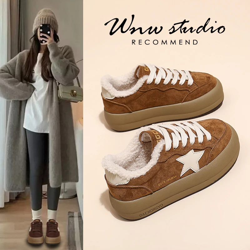 加绒星星鞋女2024新款冬季复古做旧厚底毛毛棉鞋百搭休闲鞋P6808