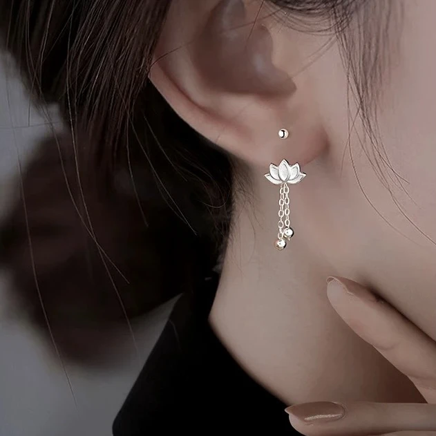 足银耳饰 新中式莲花流苏圆珠耳钉耳饰古风小众设计感女生礼物