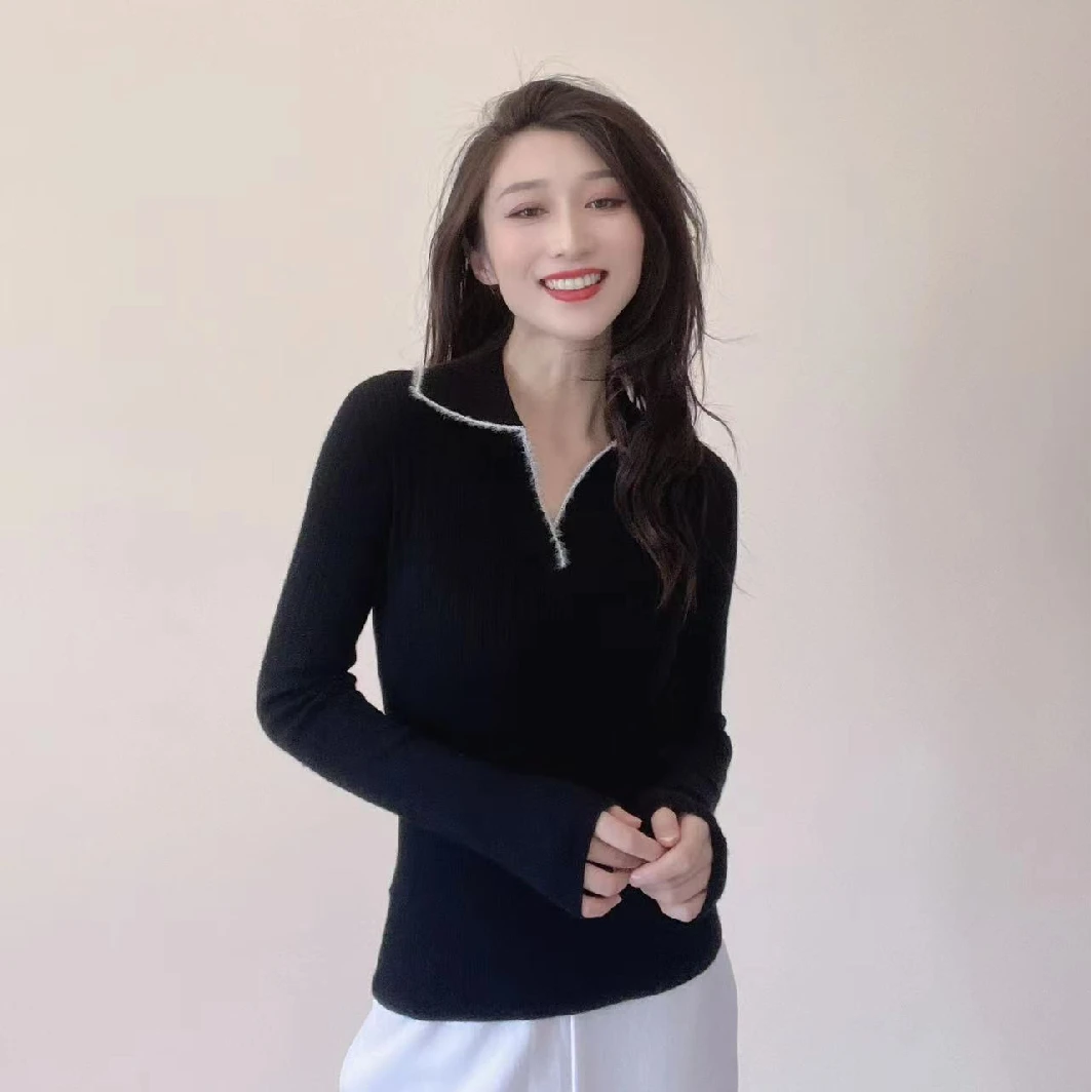 阿玛施AMASS【黑色经典】翻领修身时尚显瘦长袖针织衫5399635