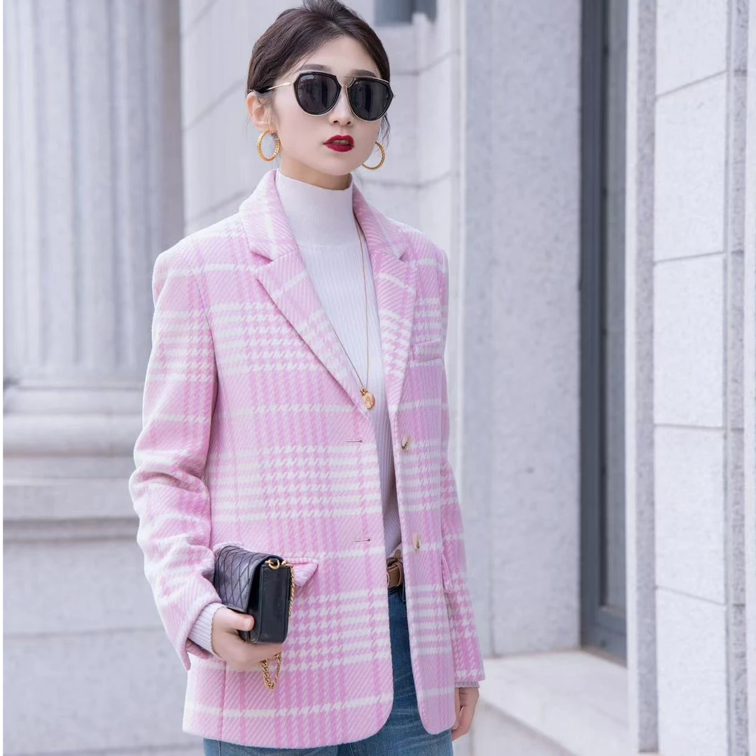 阿玛施AMASS女士秋冬时尚气质格子小香风西装外套5400204