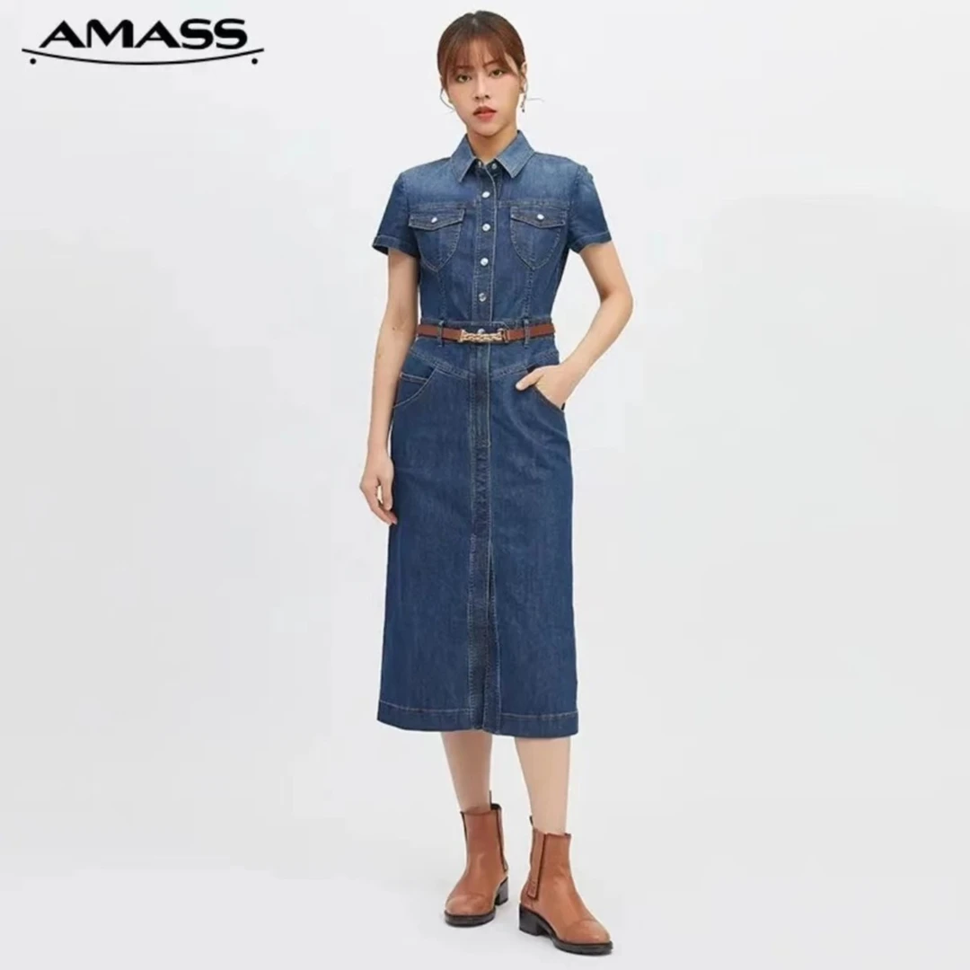 阿玛施AMASS女士复古时尚高腰翻领收腰短袖牛仔连衣裙5500257