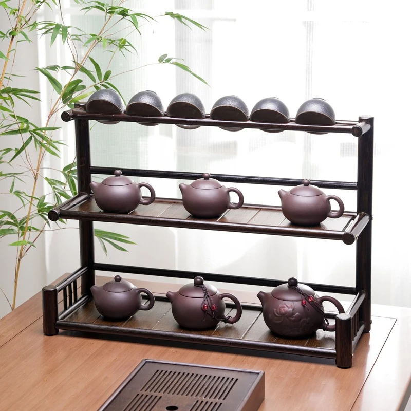 桌面茶杯收纳置物架子小型博古架实木中式紫砂壶茶具茶叶摆件展示