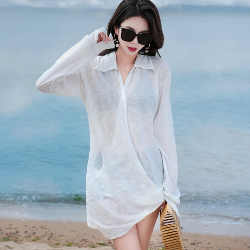 新款长袖罩衫衬衣泳衣女bikini分体宽松网红性感比基尼度假温泉