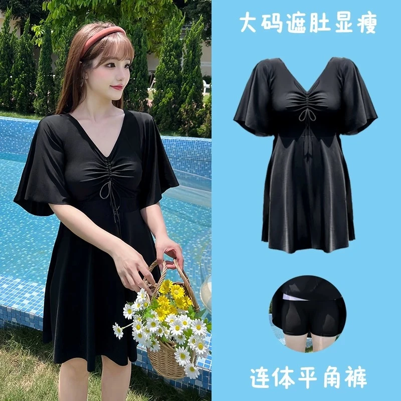 新款加大码胖妹妹胖妞温泉保守显瘦遮肚大码韩版 170斤黑色泳装