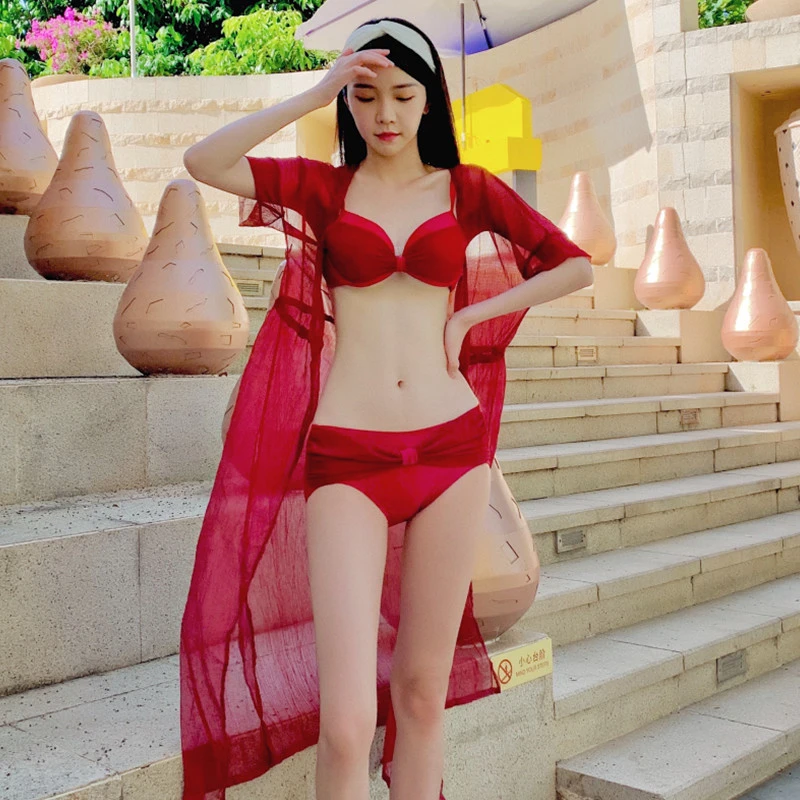 2023仙气泳衣女夏分体比基尼三件套度假温泉韩国网红纯欲时尚泳装