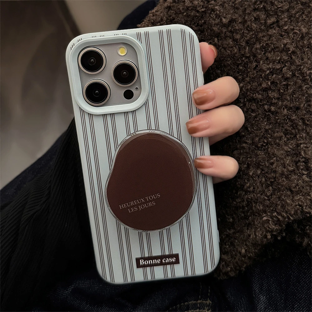 高级感ins条纹iphone16手机壳苹果14复古棕支架15pro max适用13软