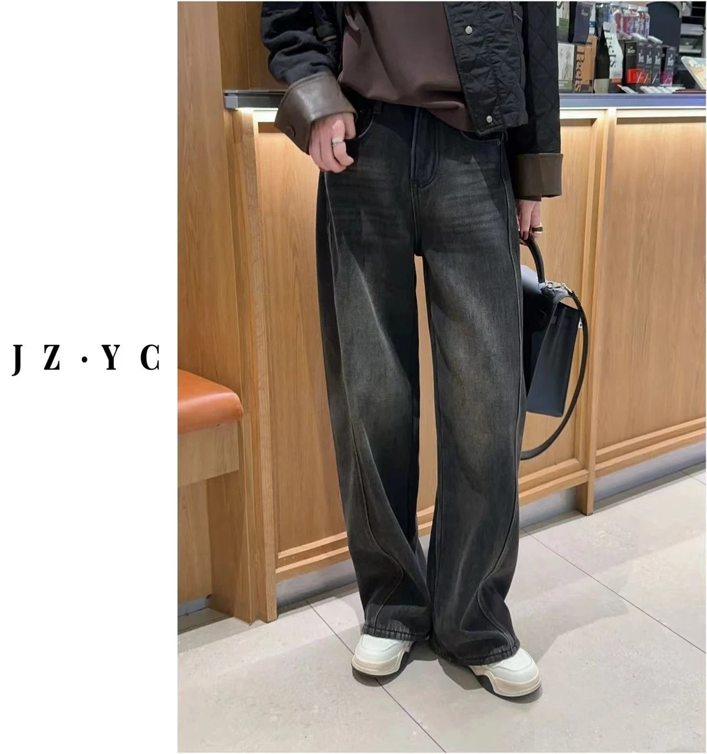 【洁子推荐】241161秋冬新款欧版立体剪裁磨毛绒阔腿牛仔裤JZYC