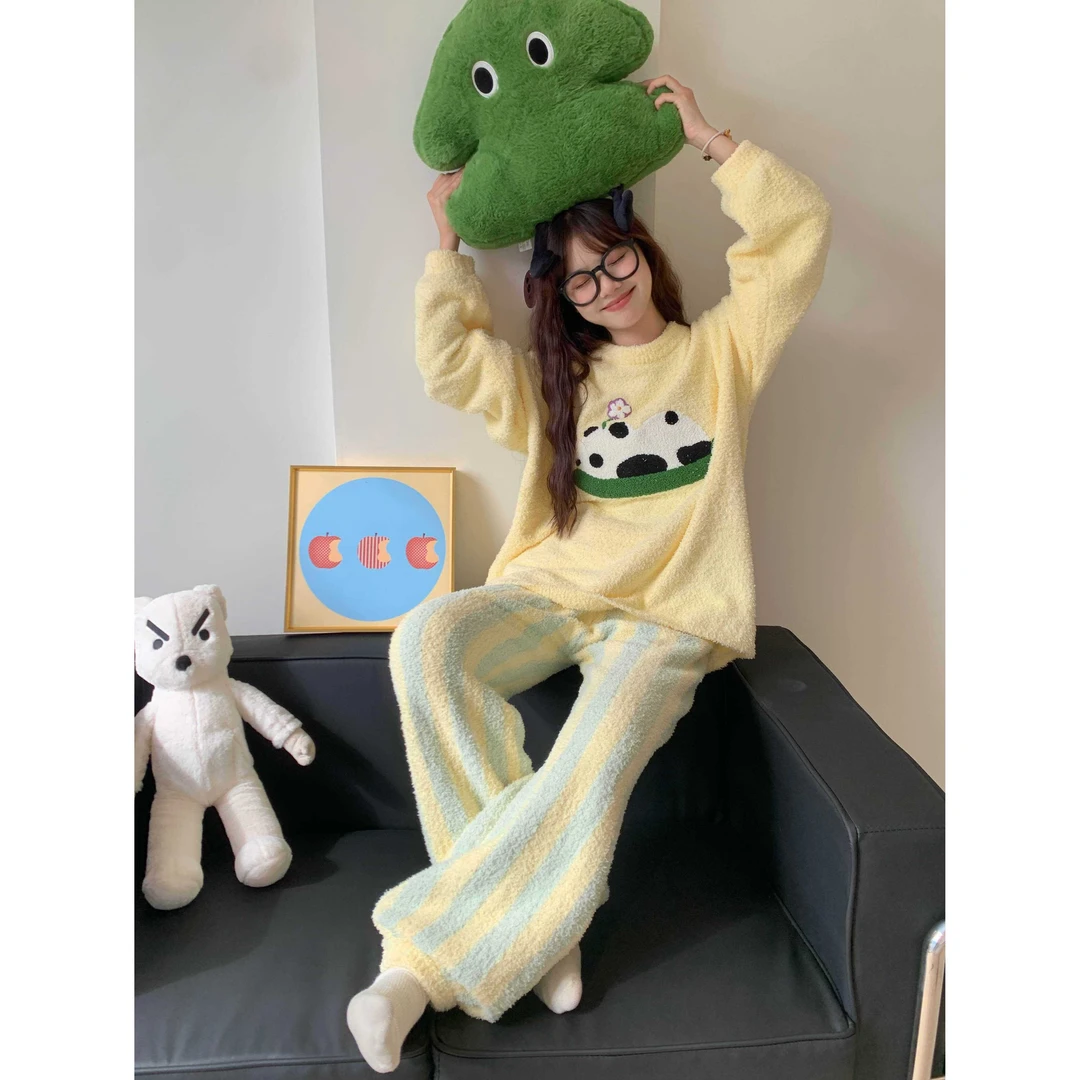 【奶萌熊猫】可爱条纹半边绒睡衣两件套女秋冬季新款加厚加绒家居服