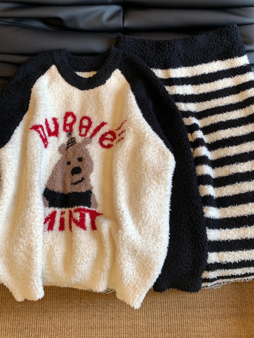 【可爱卡通】半边绒睡衣女秋冬季新款大码保暖针织家居服外穿套装