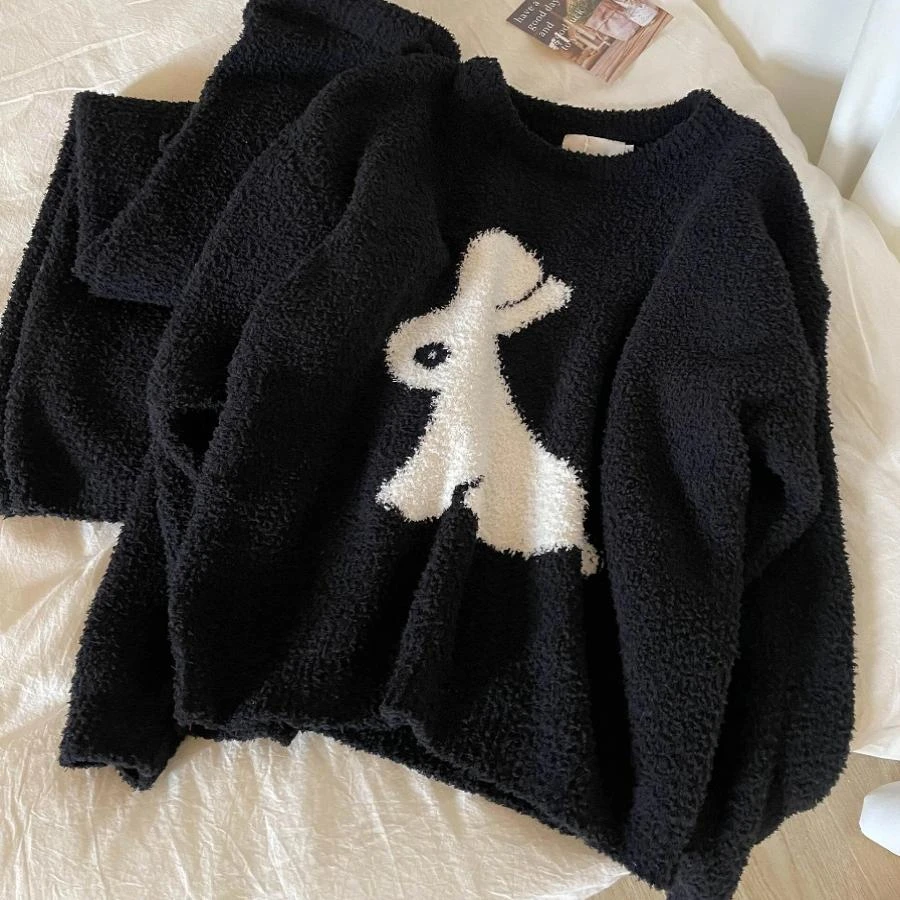 简约高级兔子半边绒睡衣女款秋冬季新款加厚家居服套装冬外穿