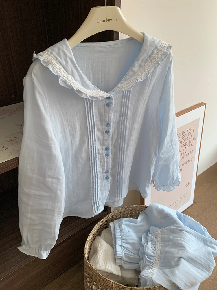 【甜美baby蓝】2024新款双层纱花边长袖睡衣女秋季少女家居服两件套