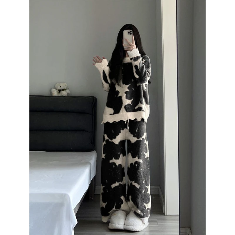 韩系高级感少女撞色半边绒睡衣女秋冬新款加绒加厚针织家居服套装