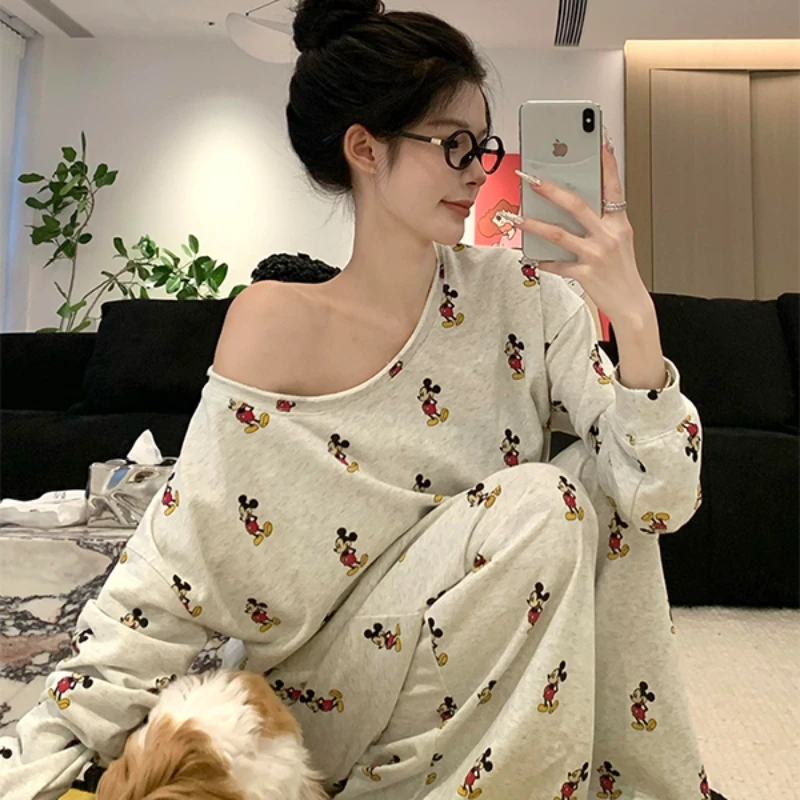 设计感斜肩卡通米奇睡衣女春秋季2024年新款长袖长裤家居服两件套