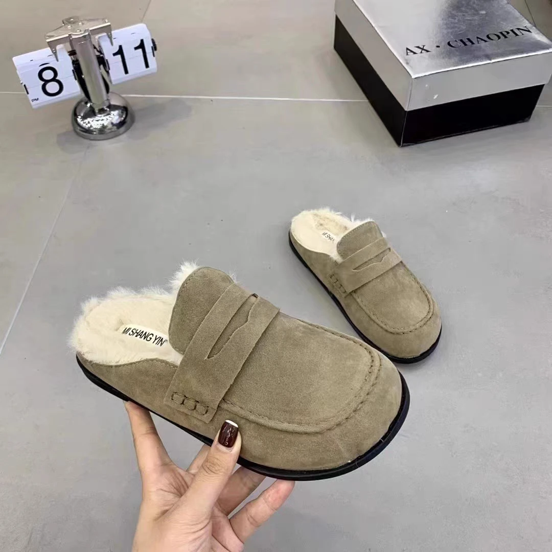 复古一脚蹬女外穿秋冬新款加绒勃肯包头拖鞋618-2