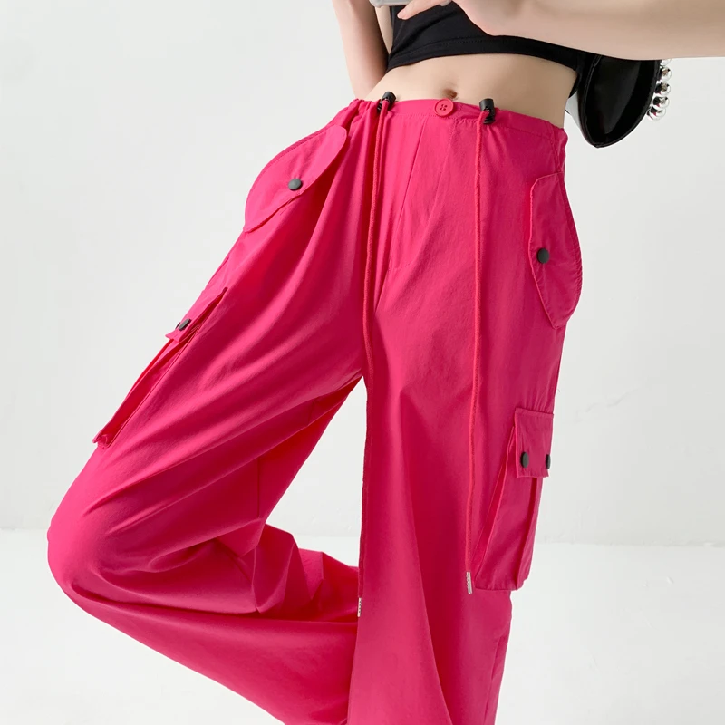玫红色工装裤女款夏季透气薄款甜辣爵士舞2025美式速干防晒阔腿裤