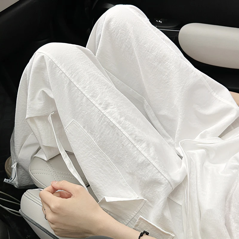 白色工装裤女款夏季薄款高腰小个子2025美式速干宽松运动阔腿裤子