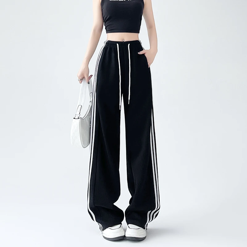 条纹卫裤女春秋季2025新款小个子阔腿直筒裤休闲宽松三条杠运动裤