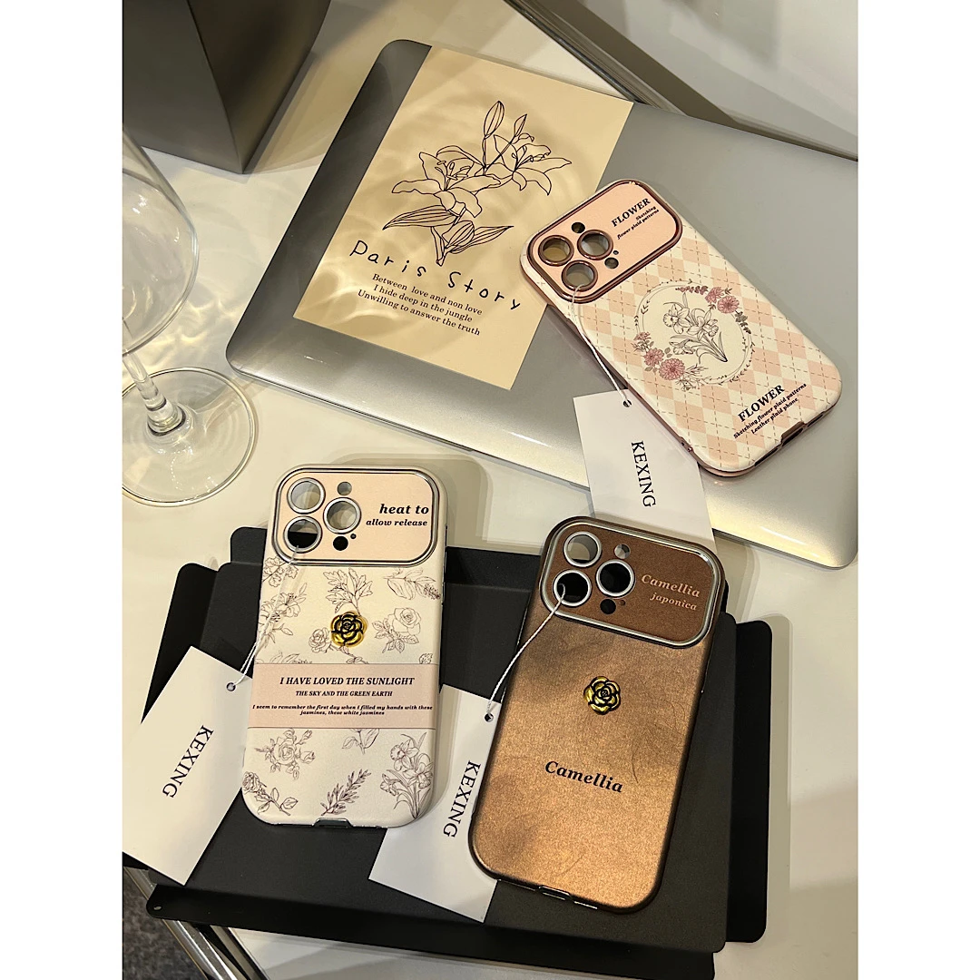 轻奢高级iPhone15皮质山茶花苹果14pro大视窗手机壳适用苹果系列