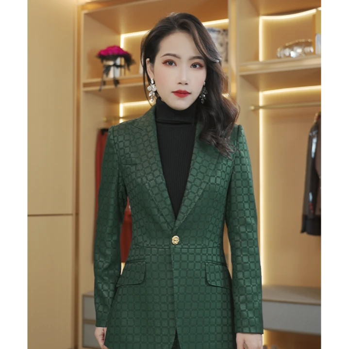 2025高端战袍西服新春气质时尚女神范休闲修身绿色棋盘格高端西装