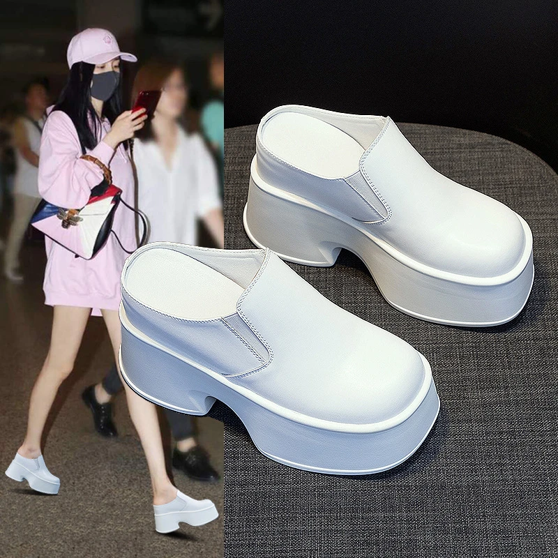 厚底无后跟包头半拖鞋女2025年夏季新款纯色百搭简约时尚松糕潮流