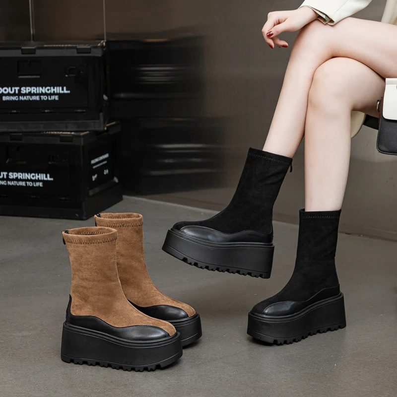 【8cm】厚底中筒皮靴女式短靴冬新款松糕鞋爆时尚短靴女瘦瘦弹力靴