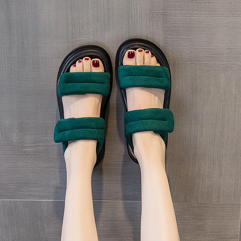 高级感翡翠绿面包厚底凉鞋夏季2024年女神一字型露趾魔术贴韩版