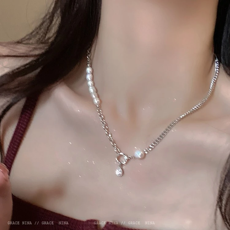 钛钢项链 巴洛克贝珠锆石项链秋冬新款小众高级感拼接毛衣链3162