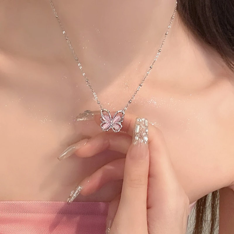 钛钢项链 仿水晶蝴蝶项链女夏高级感小众设计百搭锁骨链气质配饰