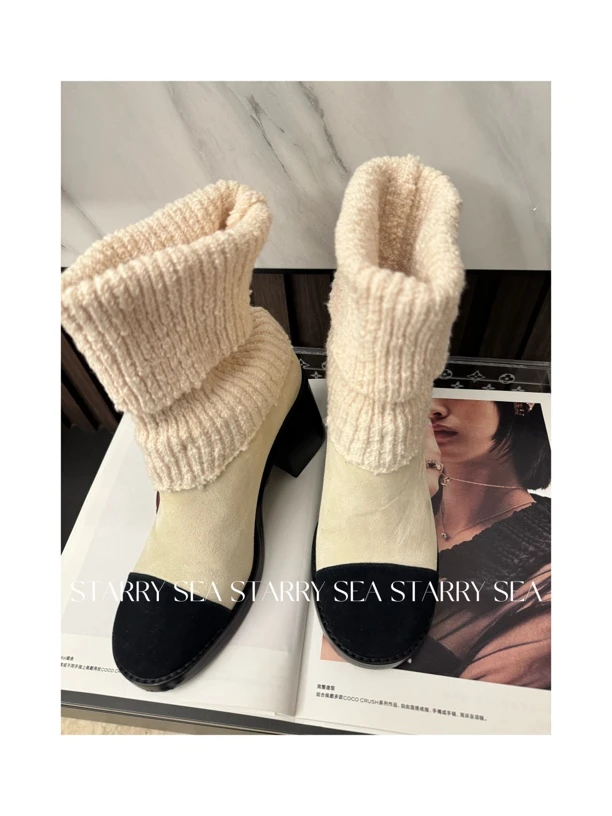 高定时尚粗高跟秋冬新款圆头针织拼接拼色瘦瘦靴#PP0054XZ