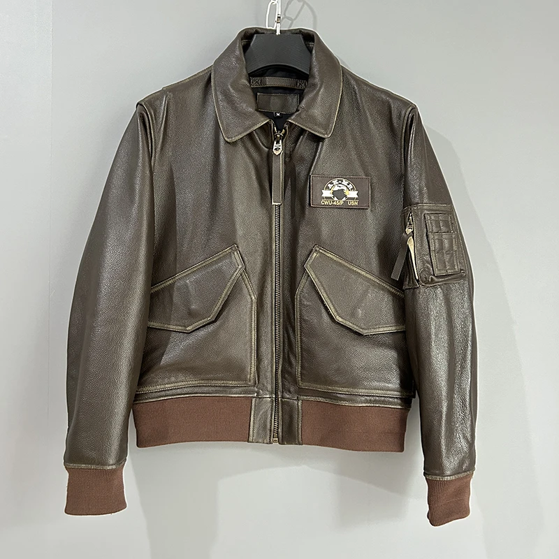 美式复古CWU45P飞行员皮夹克茶芯做旧牛皮翻领短款真皮皮衣外套