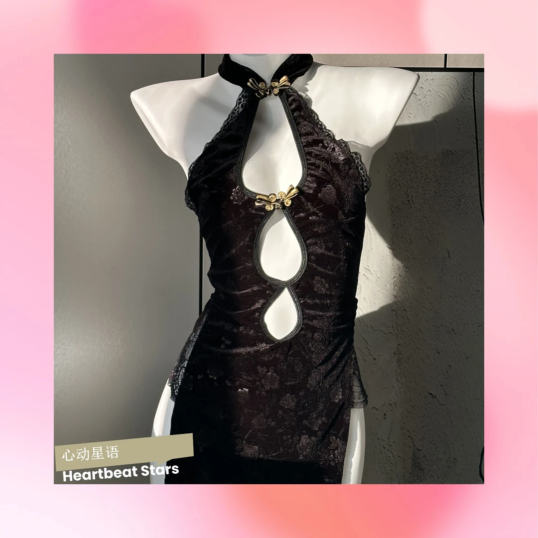 【HS芳韵】辣妹内衣性感印花镂空蕾丝花边高开叉裙摆旗袍睡裙