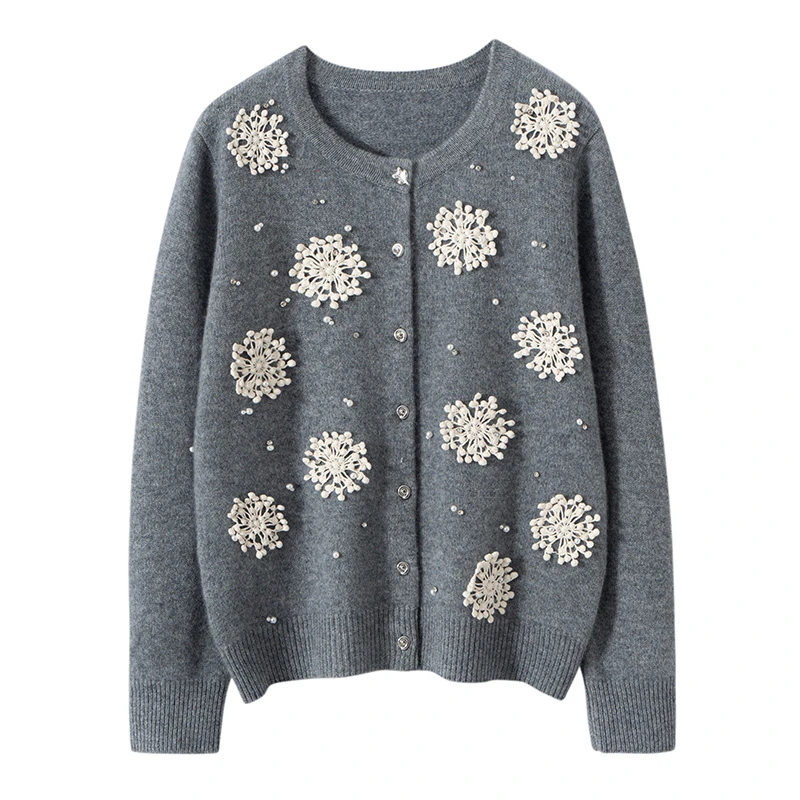 康赛妮100%山羊绒开衫手工立体蕾丝水晶钻珍珠点缀雪绒花24秋冬