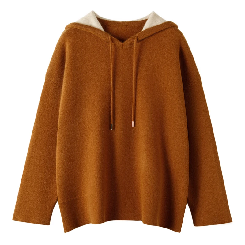100%纯山羊绒加厚慵懒连帽衫高奢拼色四平空气层高密宽松女士帽衫