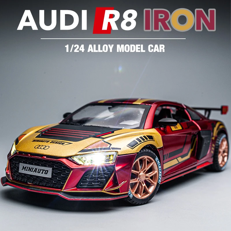 【1：24跑车】奥迪R8钢铁侠涂装 六开门仿真合金车玩具