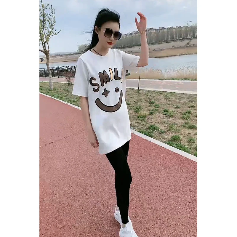 笑脸短袖t恤女2024春夏网红爆款韩版亮片字母宽松显瘦中长款上衣