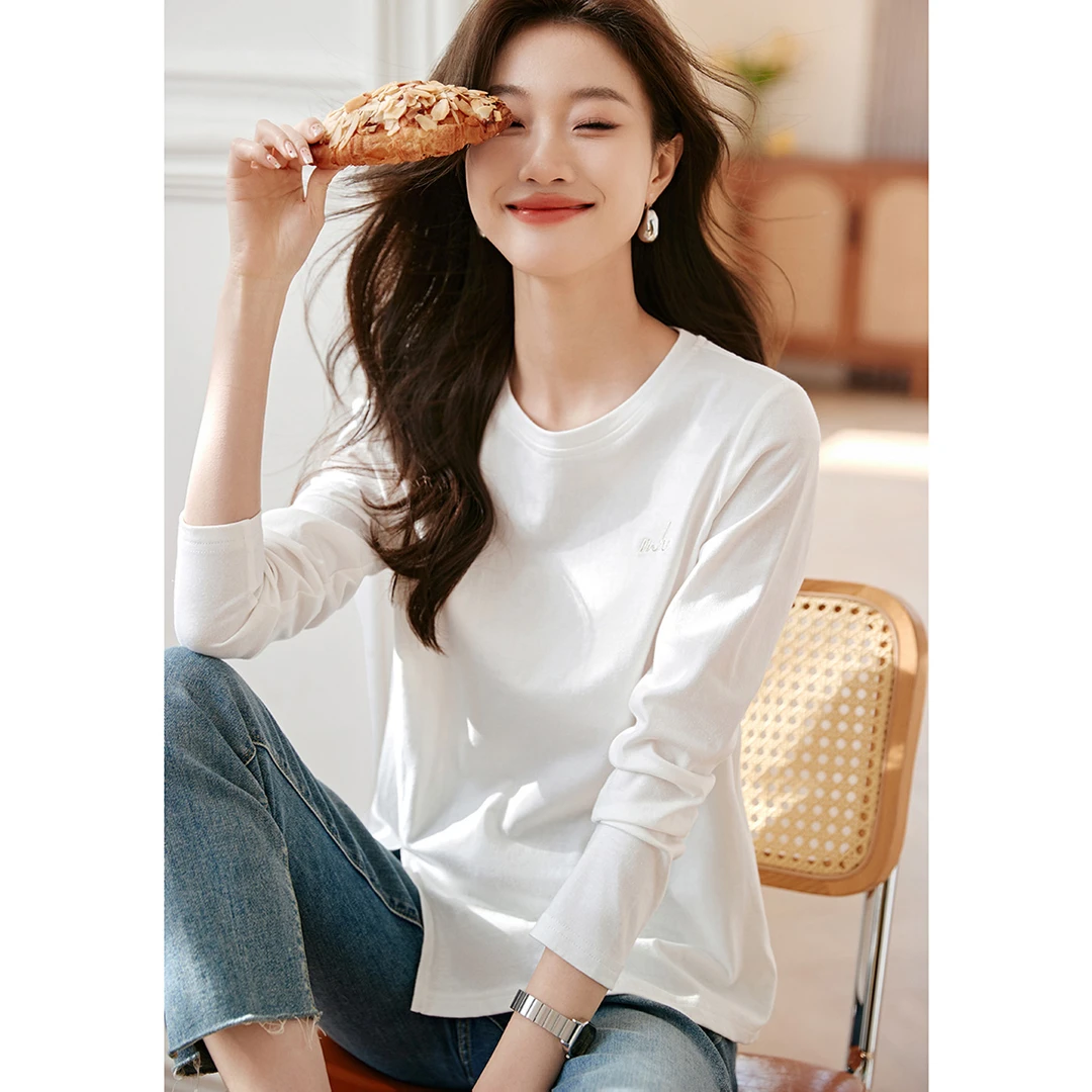 蔻菲图女装新款春秋时尚简约纯色休闲内搭打底百搭白色长袖T恤女