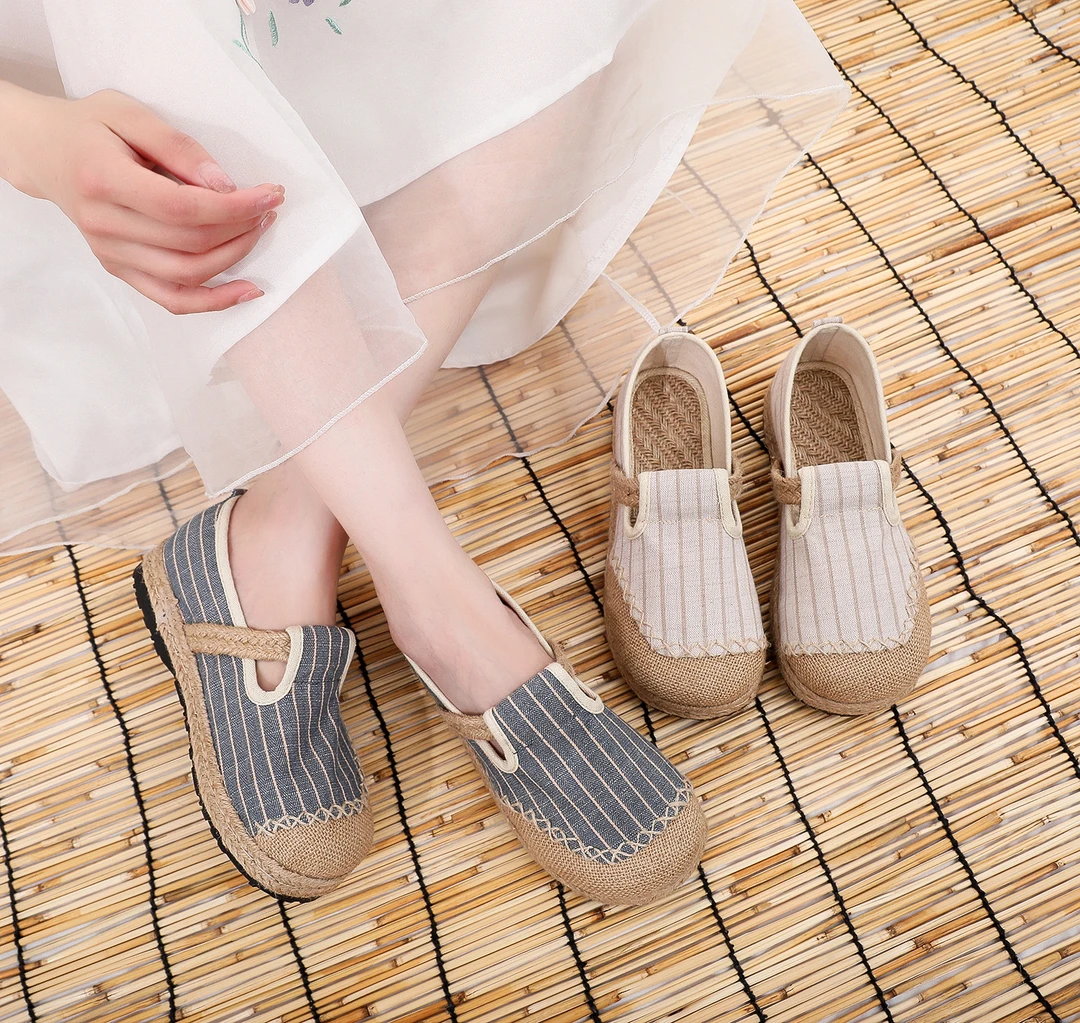 春秋新款民族风条纹亚麻大头女士平底绣花布鞋软底