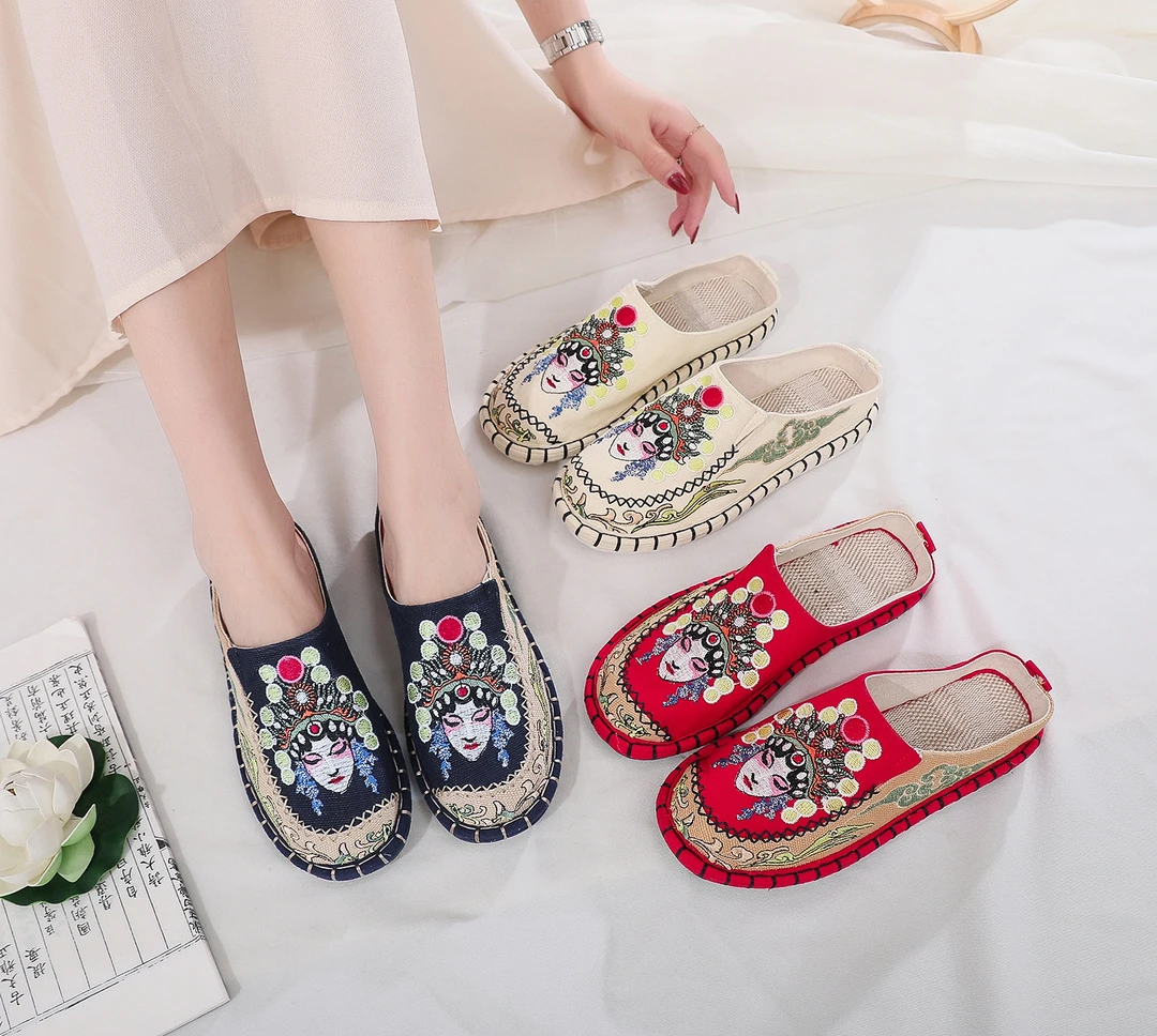 老北京布鞋复古包头女鞋凉拖鞋刺绣棉麻绣花鞋千层底民族风布拖鞋