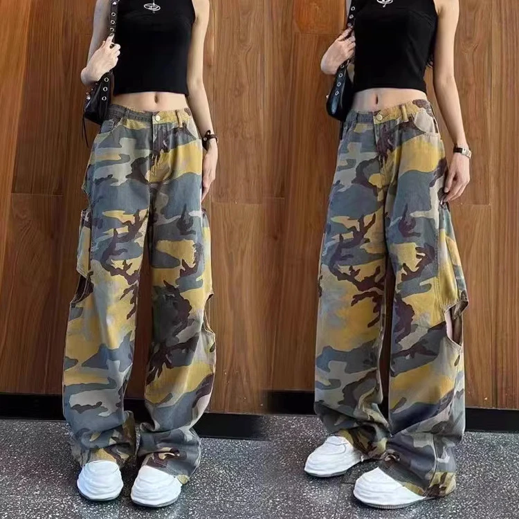 夏季百搭迷彩破洞休闲裤工装裤女美式复古设计感阔腿裤长裤哈伦裤