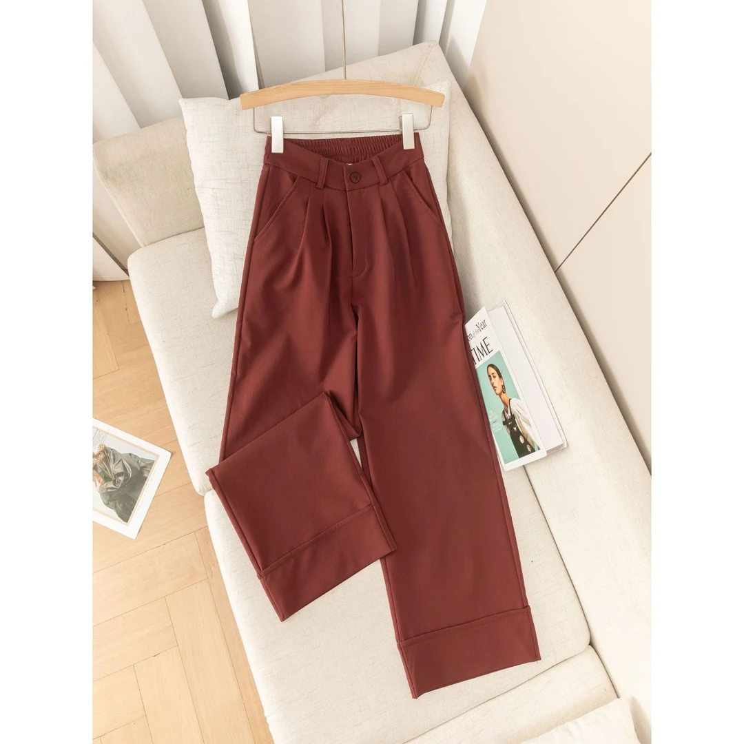 281秋季韩版半松紧腰复古窄版阔腿裤翻边女高腰垂感宽松休闲裤