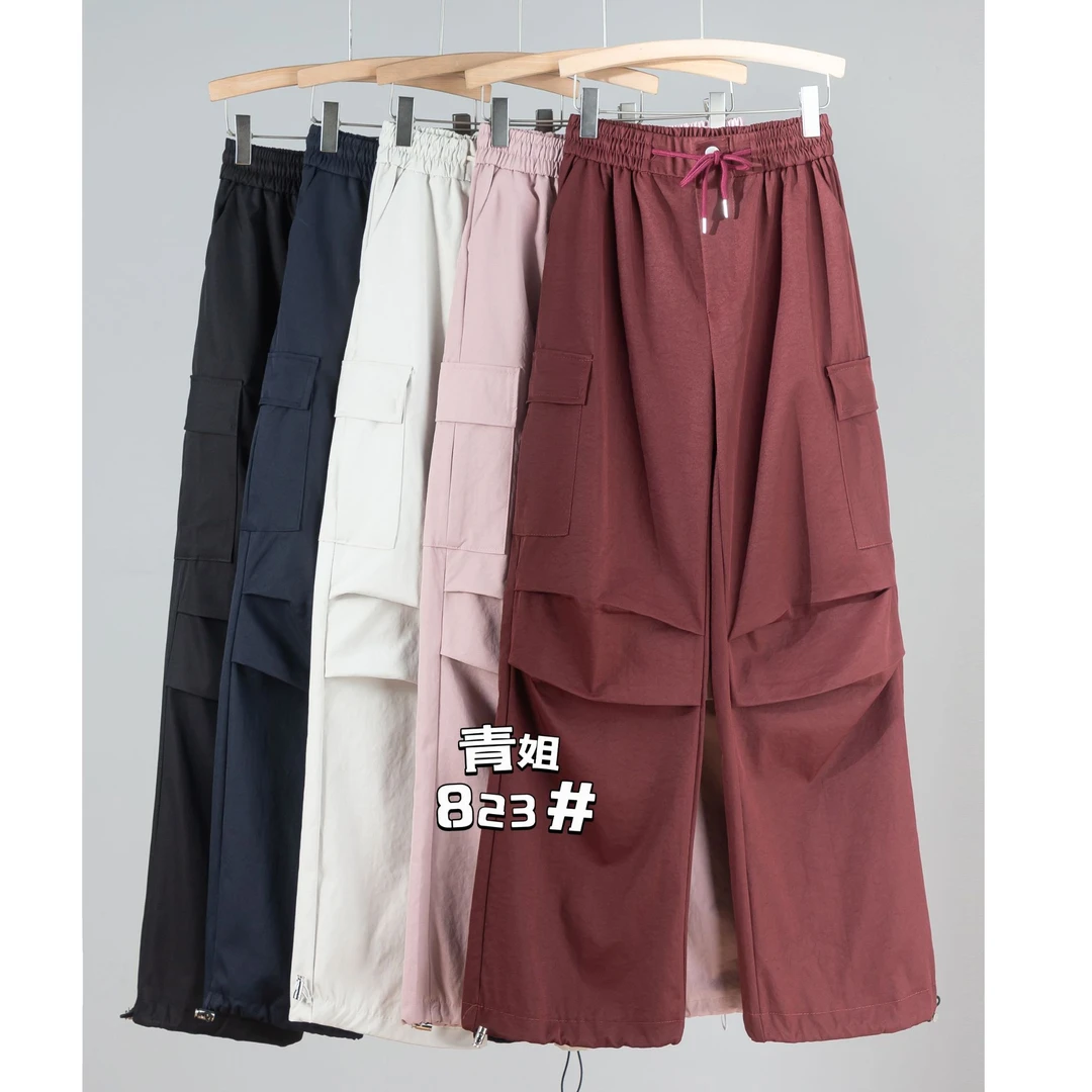 823工装裤秋季新款松紧高腰抽绳休闲百搭直筒裤大口袋束脚裤