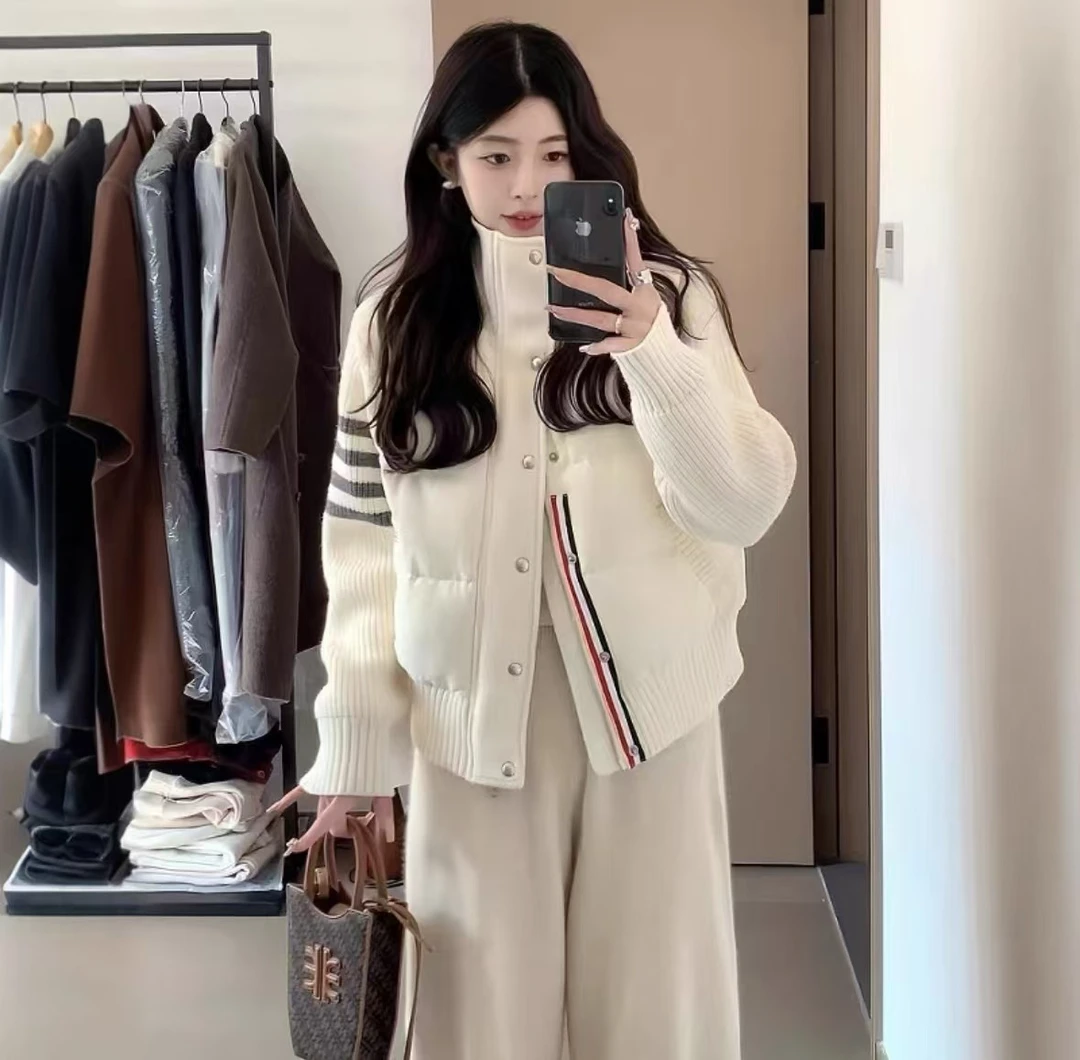 韩版休闲拼接针织立领短款棉衣2024冬季新款