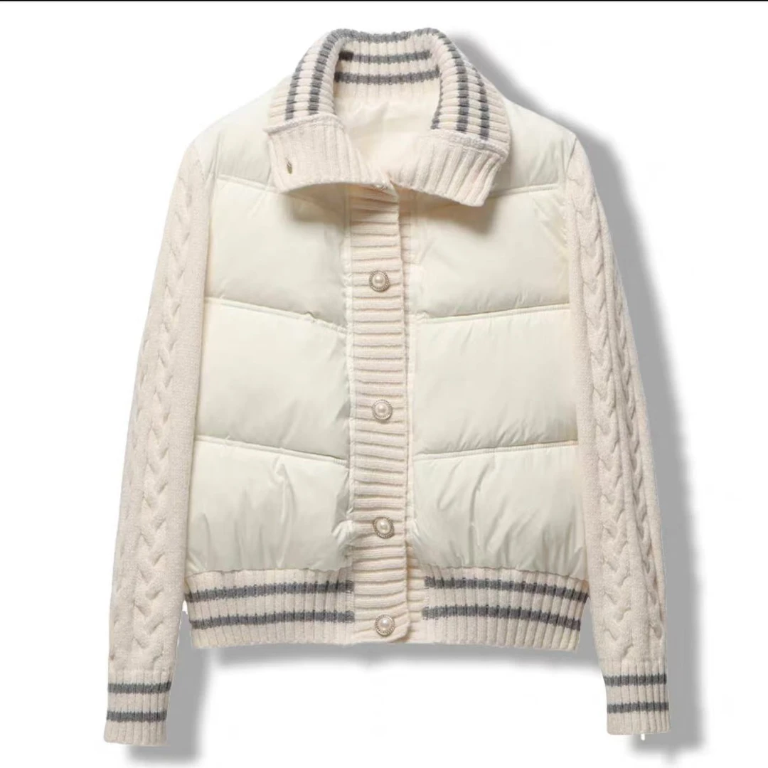 8185冬季小香风粉色拼接针织棉服外套女甜美休闲轻薄立领棉衣