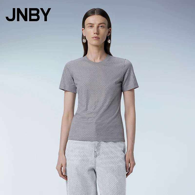 JNBY/江南布衣女装T恤修身通勤圆领烫钻短袖女5O3113350