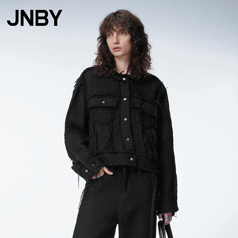 JNBY/江南布衣秋冬毛呢外套女粗花呢文艺复古毛边短款5N0611970